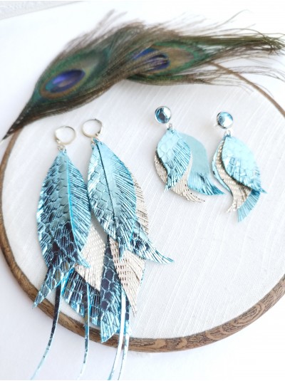 mother daughter earring set of 2 metallic light blue leather feather earrings