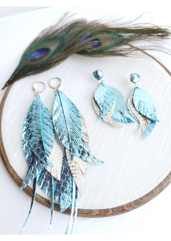 set of 2 long leather feather earrings, brihgt genuine leather jewelry 