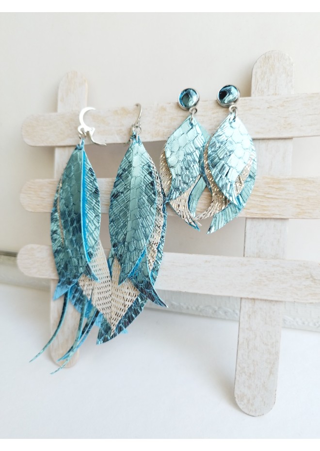 set of 2 long leather feather earrings, brihgt genuine leather jewelry 