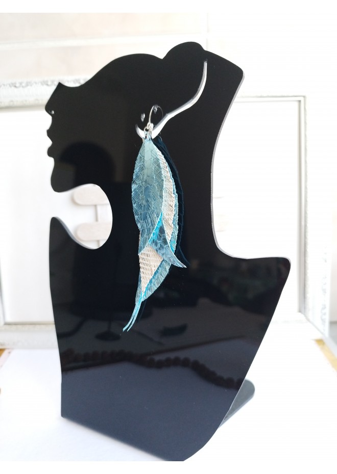 set of 2 long leather feather earrings, brihgt genuine leather jewelry 