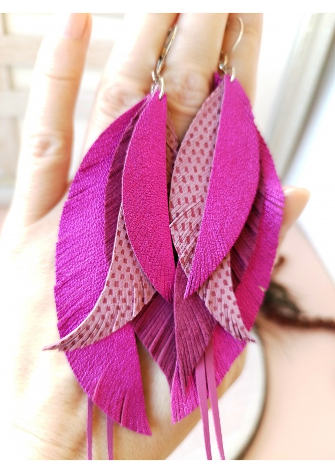 Multi layered earrings made from genuine leather