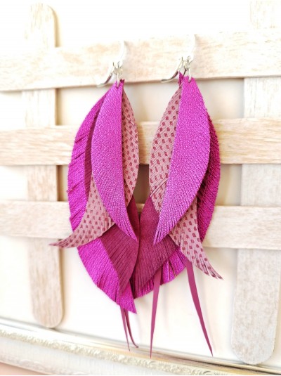 hot pink leather feather earrings