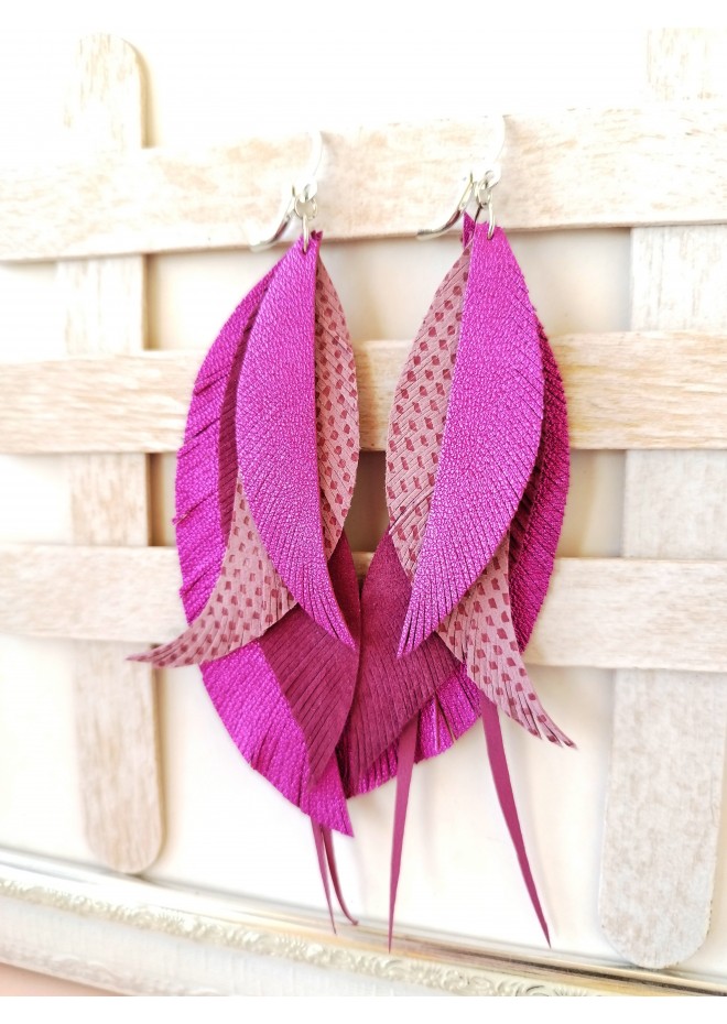 Multi layered earrings made from genuine leather
