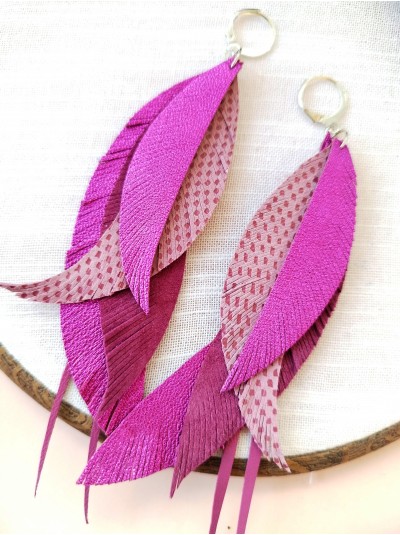 hot pink leather feather earrings