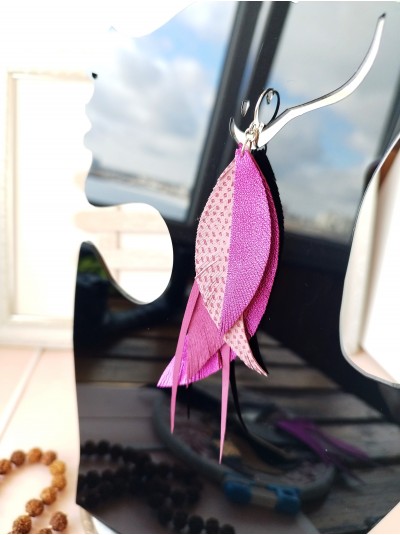 hot pink leather feather earrings
