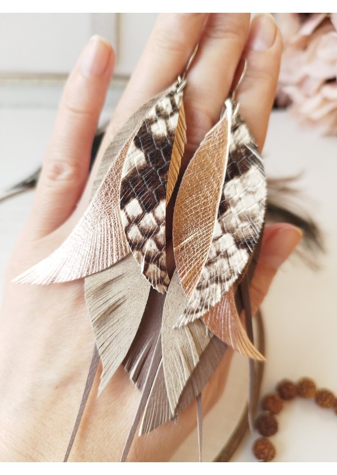 Multi layered earrings made from genuine leather