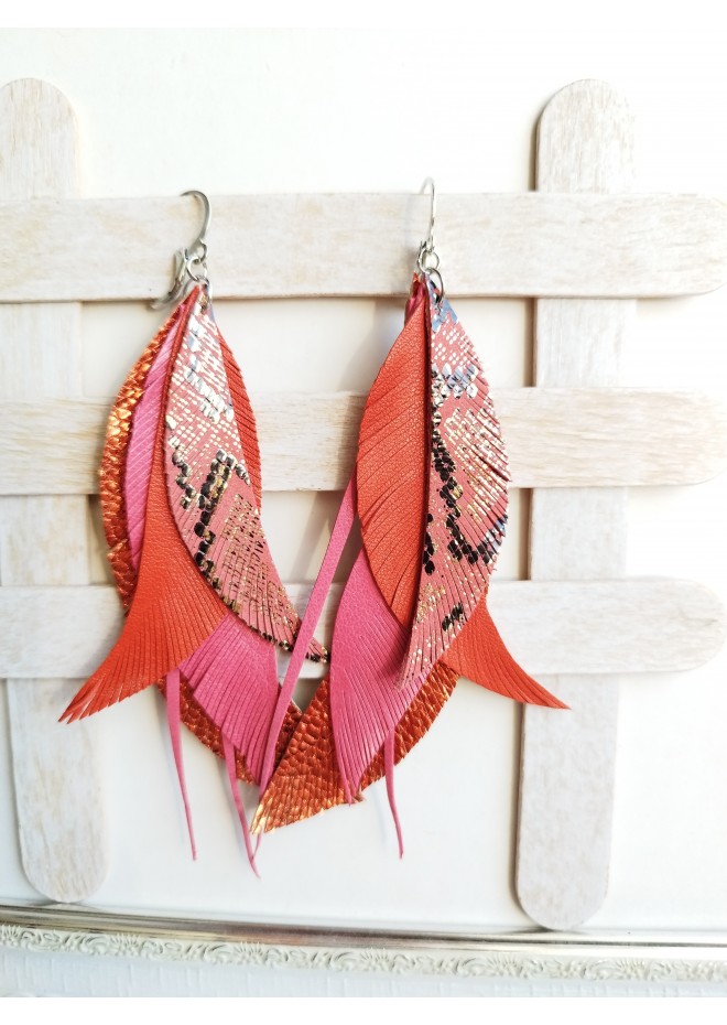 warm orange long feathers earrings genuine leather jewelry  