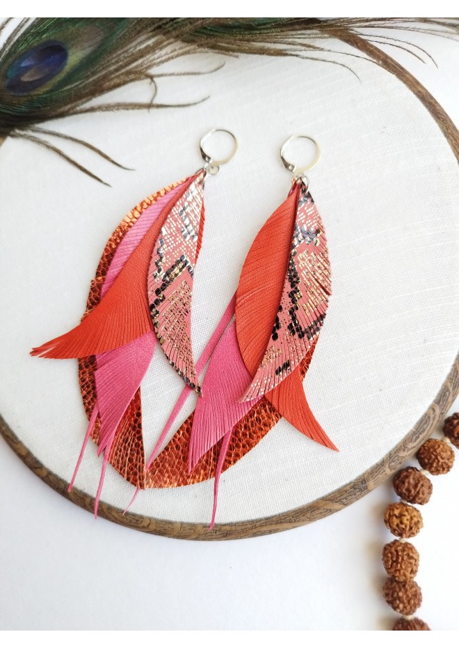 warm orange long feathers earrings genuine leather jewelry  