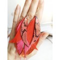 warm orange long feathers earrings genuine leather jewelry  