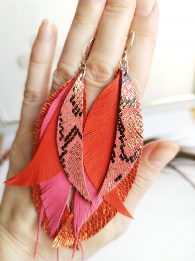 orange coral long feathers earrings genuine leather jewelry 