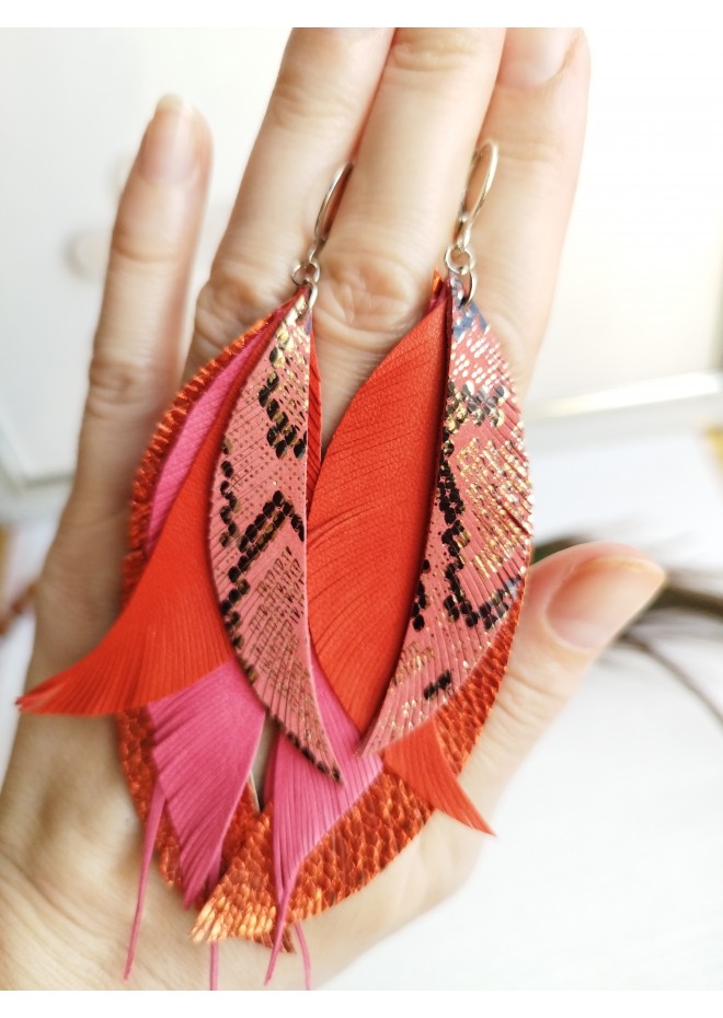 warm orange long feathers earrings genuine leather jewelry  