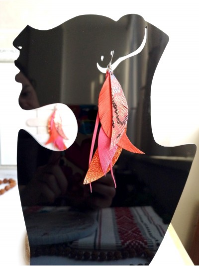 orange coral long feathers earrings genuine leather jewelry 
