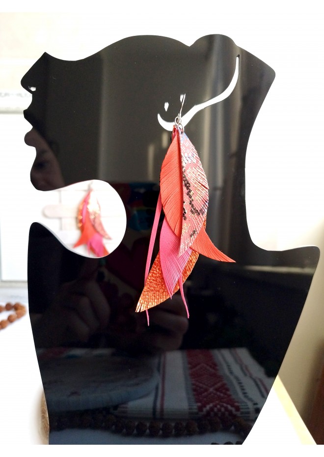 warm orange long feathers earrings genuine leather jewelry  