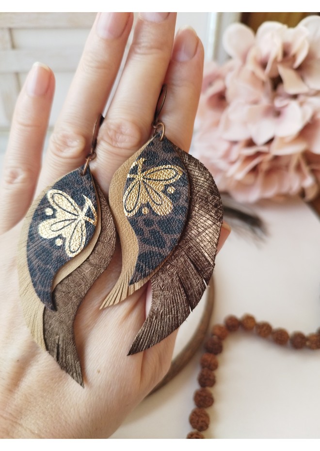 medium feathers earrings genuine leather jewelry  