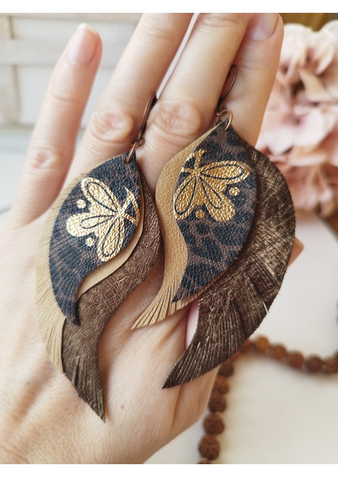 medium feathers earrings genuine leather jewelry  