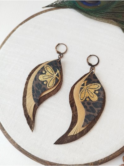 brown gold leather wings earrings.