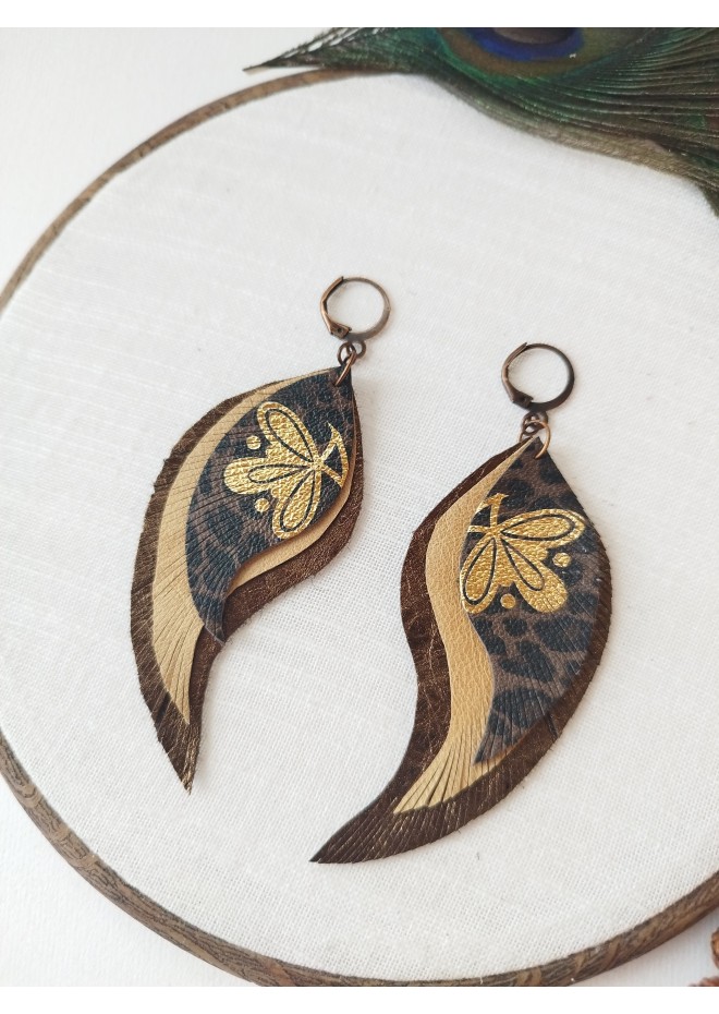 medium feathers earrings genuine leather jewelry  