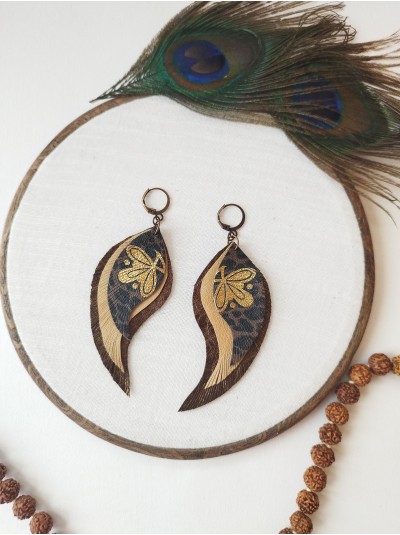 brown gold leather wings earrings.