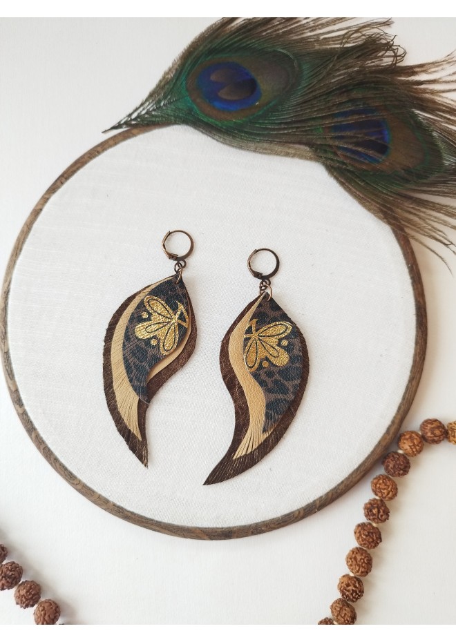 medium feathers earrings genuine leather jewelry  