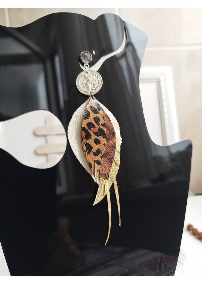 white brown leather feather earrings brass flower connector , genuine leather jewelry 