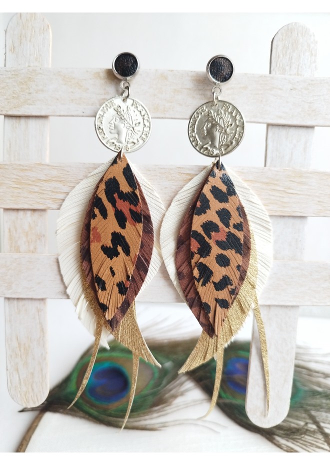 white brown leather feather earrings brass flower connector , genuine leather jewelry 