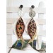 white brown leather feather earrings brass flower connector , genuine leather jewelry 