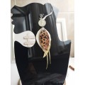 white brown leather feather earrings brass flower connector , genuine leather jewelry 