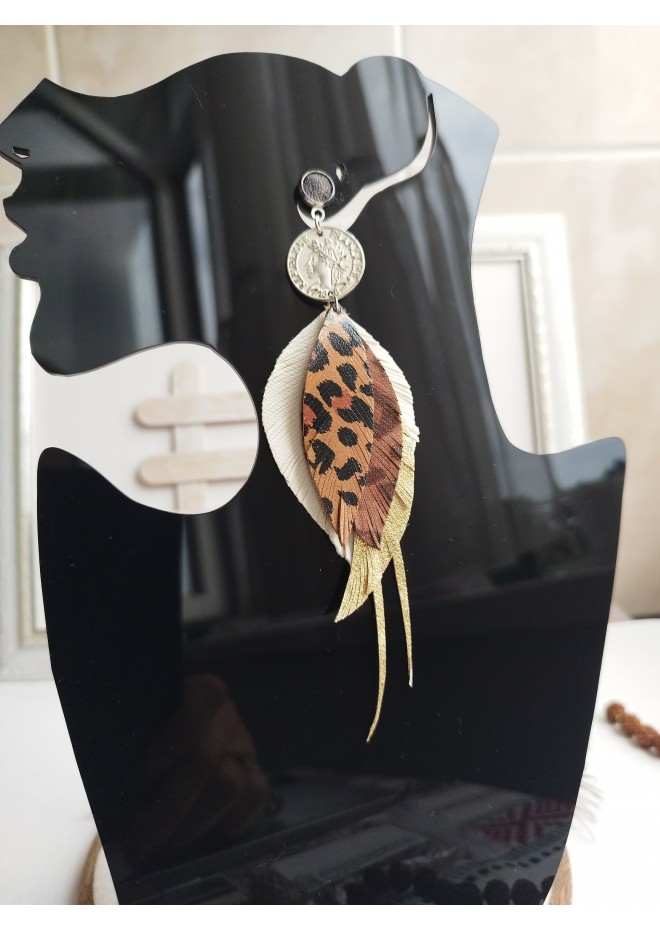 white brown leather feather earrings brass flower connector , genuine leather jewelry 