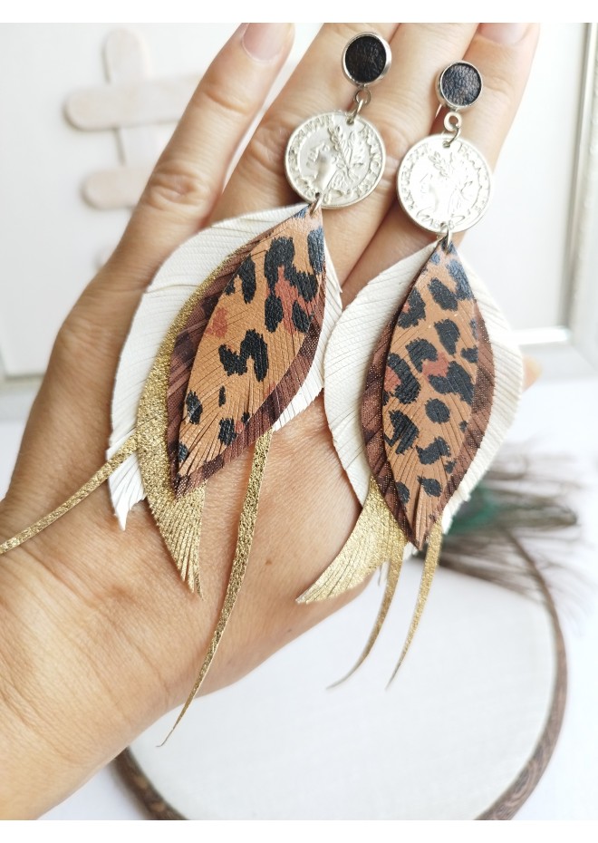 white brown leather feather earrings brass flower connector , genuine leather jewelry 