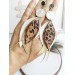 white brown leather feather earrings brass flower connector , genuine leather jewelry 