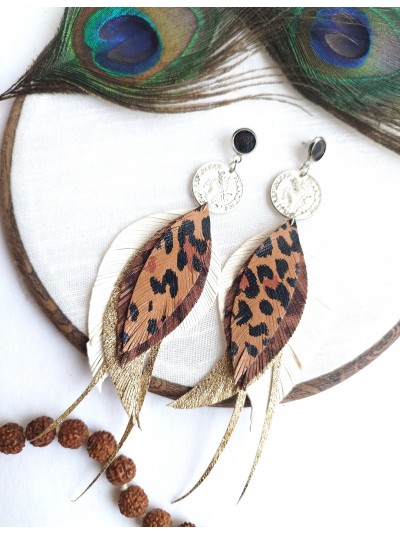 White brown long leather feather earrings 