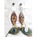 white brown leather feather earrings brass flower connector , genuine leather jewelry 