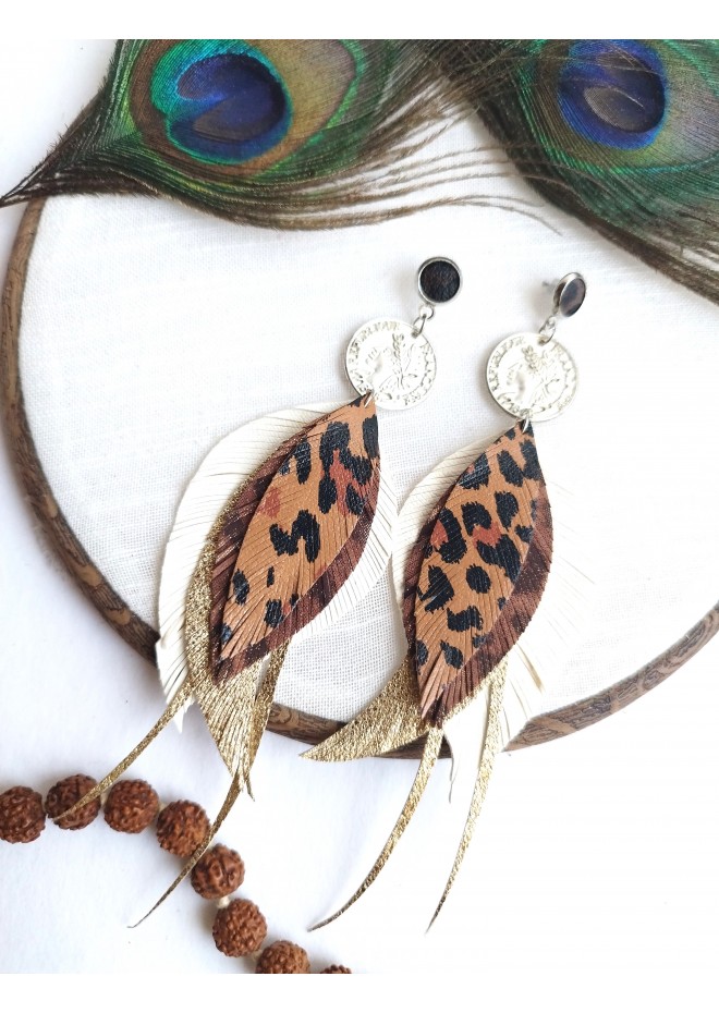 white brown leather feather earrings brass flower connector , genuine leather jewelry 