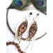 white brown leather feather earrings brass flower connector , genuine leather jewelry 
