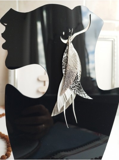 Metallic dark gray leather feather earrings.  
