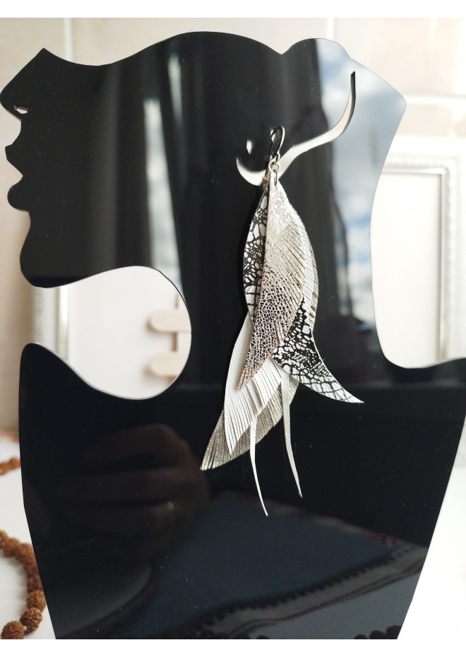 long leather feather earrings genuine leather jewelry metallic gray
