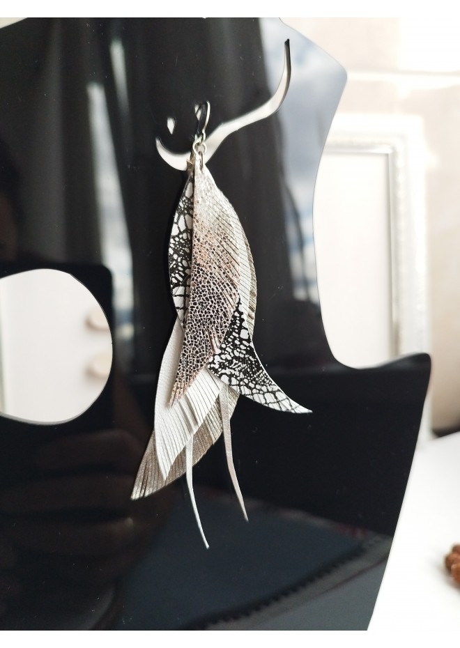 long leather feather earrings genuine leather jewelry metallic gray