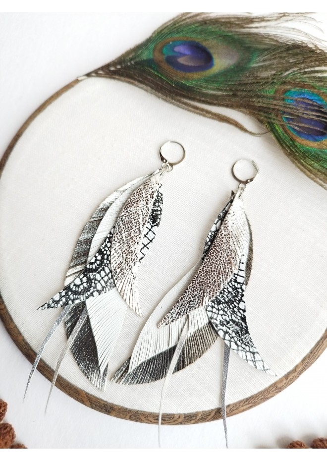 long leather feather earrings genuine leather jewelry metallic gray