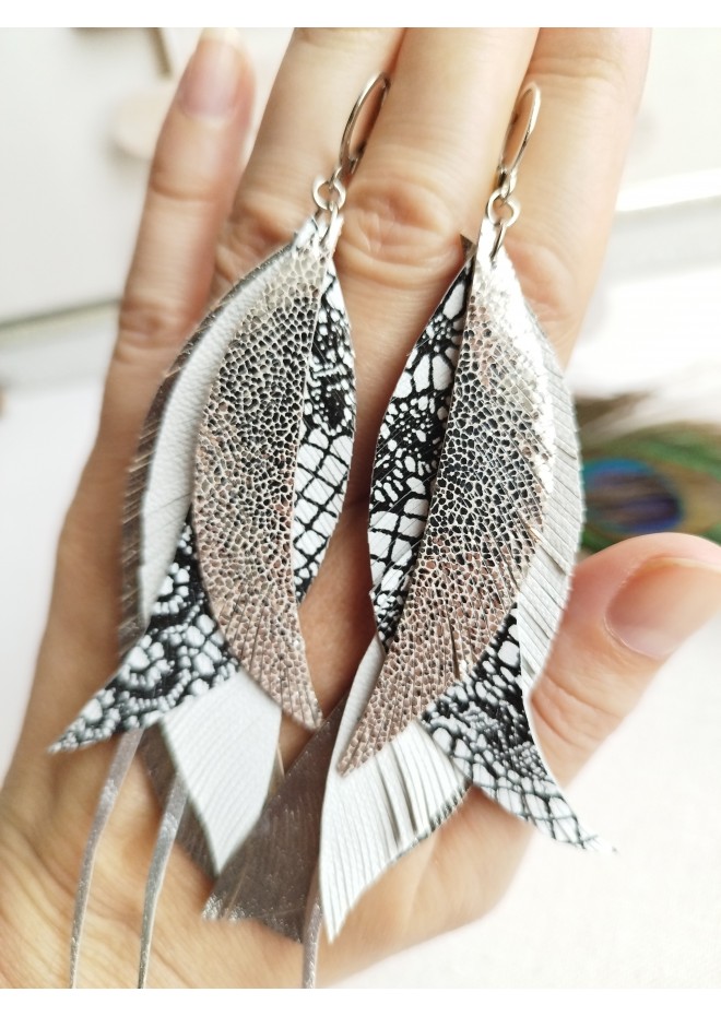 long leather feather earrings genuine leather jewelry metallic gray