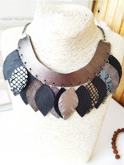 Leather feather necklace, gray black bib evening jewelry