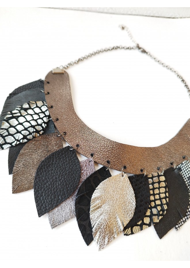  black gray silver bib leather feather collar 