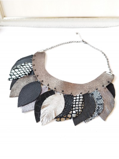 Leather feather necklace, gray black bib evening jewelry
