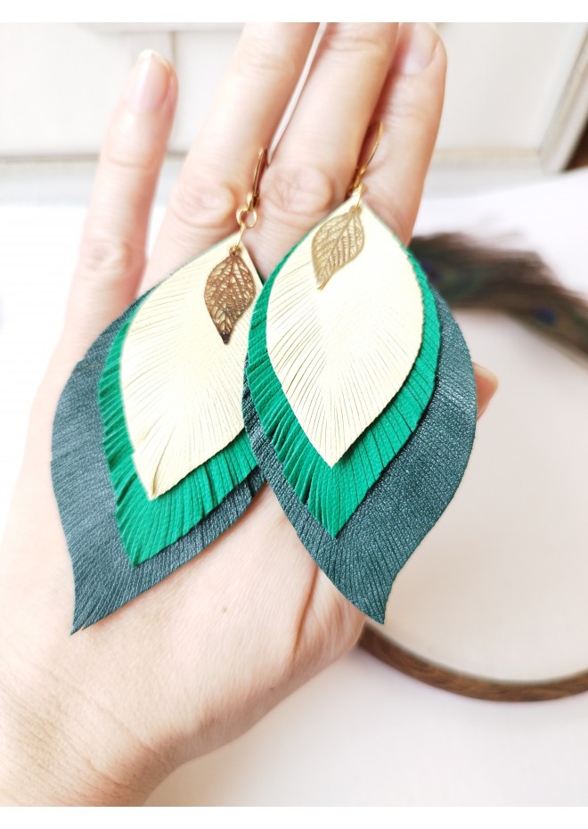 leather feather earrings yellow green , genuine leather jewelry 