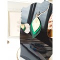 leather feather earrings yellow green , genuine leather jewelry 