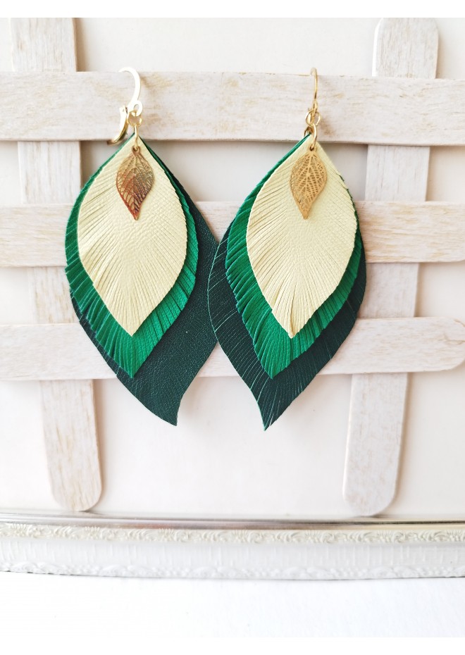 leather feather earrings yellow green , genuine leather jewelry 