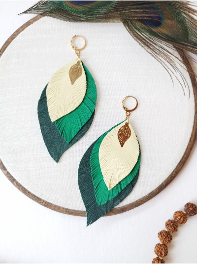green yellow leather feather earrings.