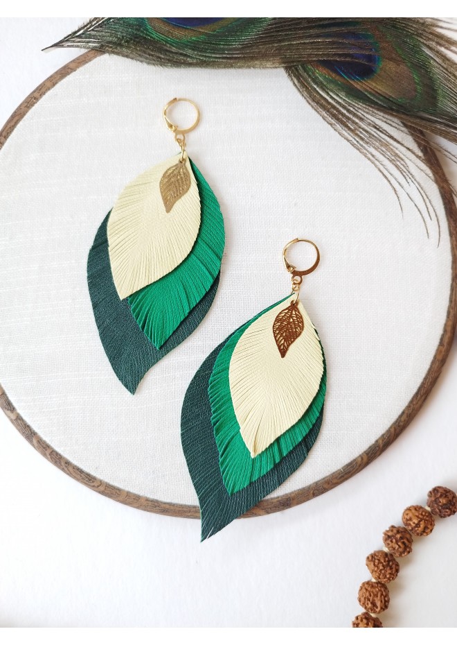 leather feather earrings yellow green , genuine leather jewelry 
