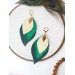 leather feather earrings yellow green , genuine leather jewelry 