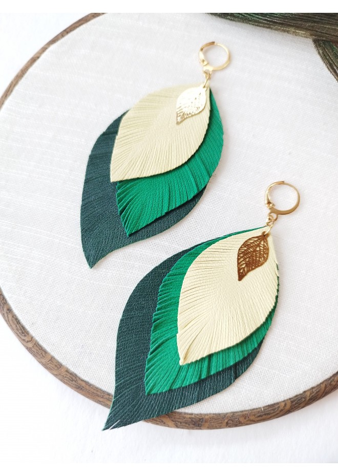 leather feather earrings yellow green , genuine leather jewelry 