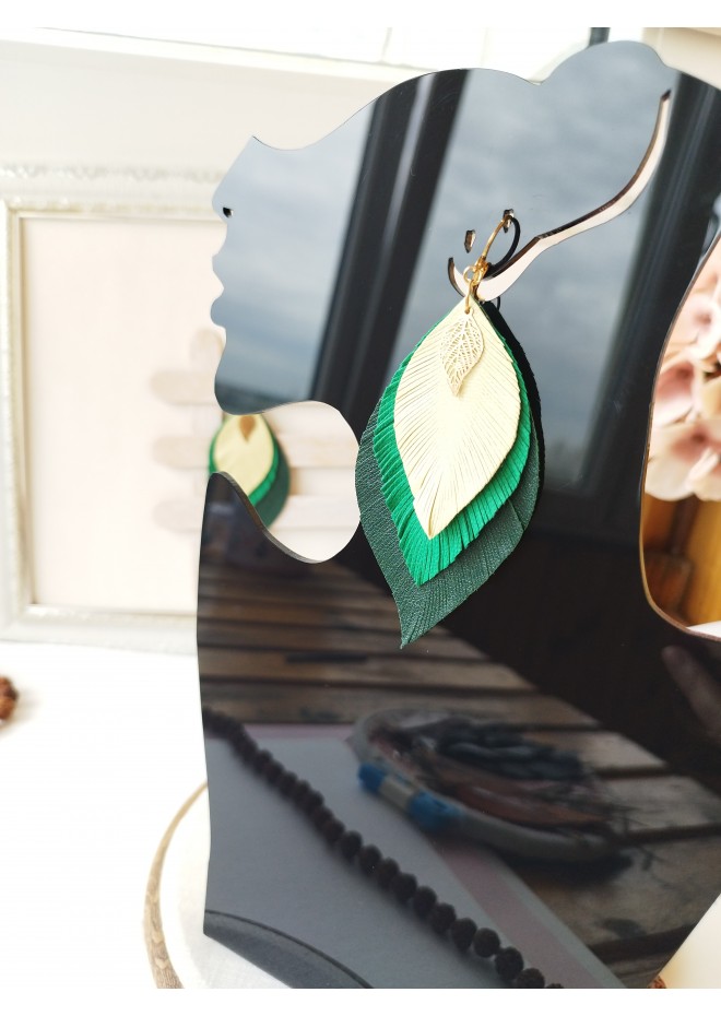 leather feather earrings yellow green , genuine leather jewelry 